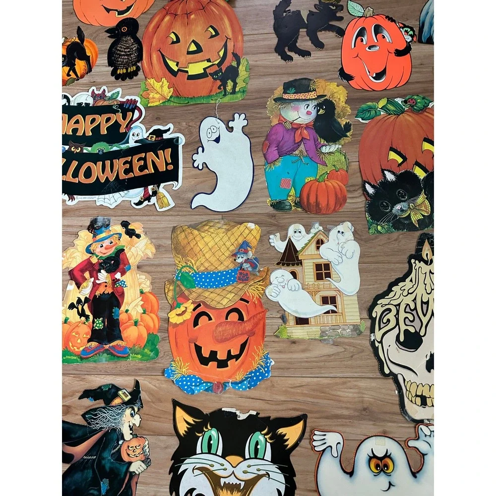 Vintage 30 Halloween Die Cut Paper Decorations Lot Witches Ghosts Cats Pumpkins
